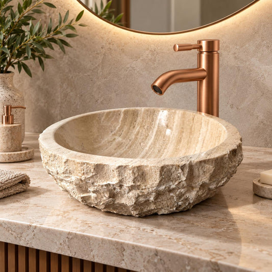 Ovalín Media Esfera Rustico Beige Travertino 35cm x 12cm | Lavabo de Mármol para Baño