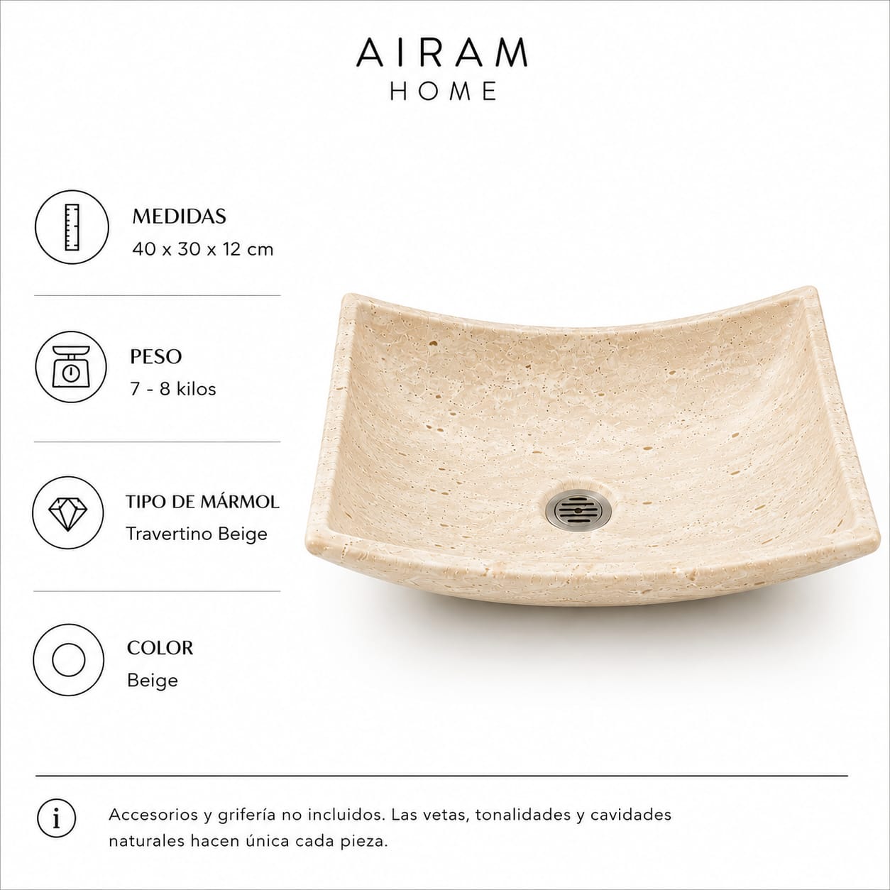 Ovalín Pañuelo Beige Travertino 40 x 30 x 12cm | Lavabo de Mármol para Baño