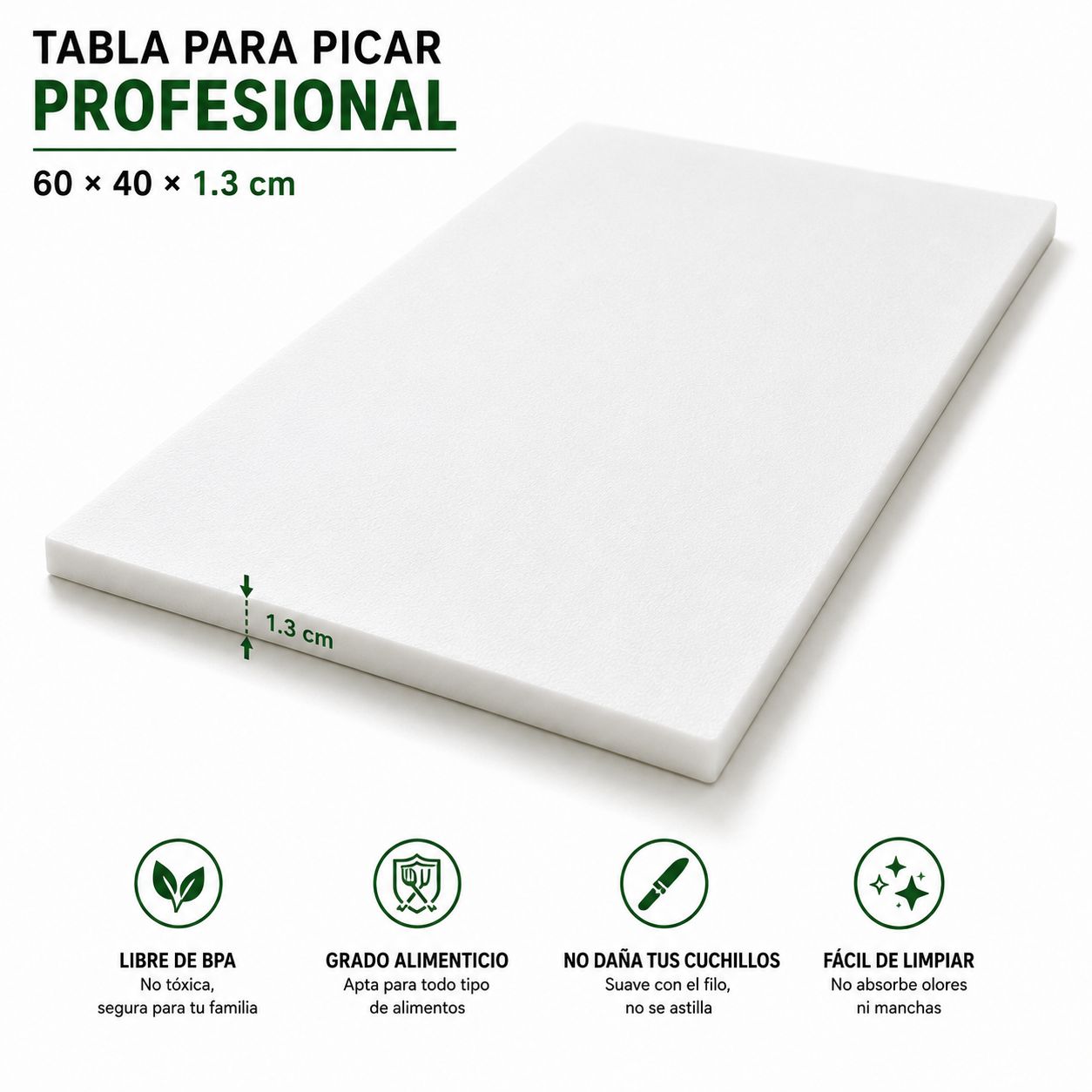 Tabla para Picar Profesional 60×40 cm | Polietileno Grado Alimenticio | Libre de BPA | 1.3 cm de Grosor