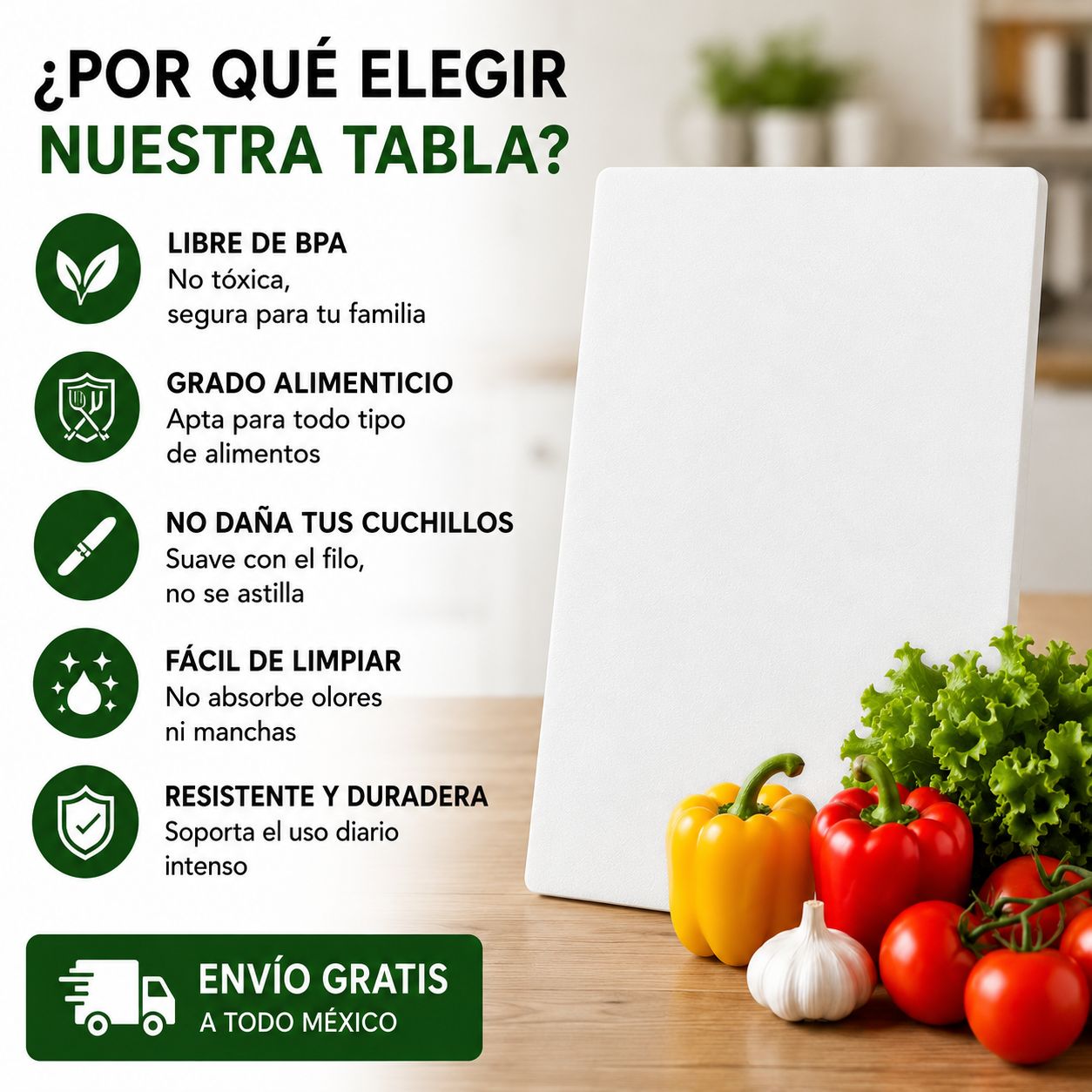 Tabla para Picar Profesional 60×40 cm | Polietileno Grado Alimenticio | Libre de BPA | 1.3 cm de Grosor
