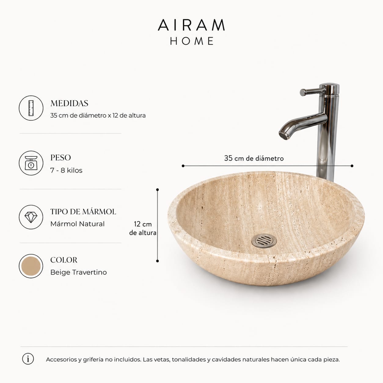 Ovalín Media Esfera Beige Travertino 35cm x 12cm | Lavabo de Mármol para Baño