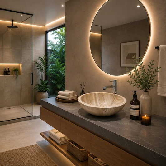 Ovalín Media Esfera Beige Travertino 35cm x 12cm | Lavabo de Mármol para Baño