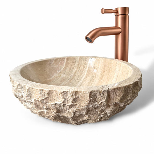Ovalín Media Esfera Rustico Beige Travertino 35cm x 12cm | Lavabo de Mármol para Baño