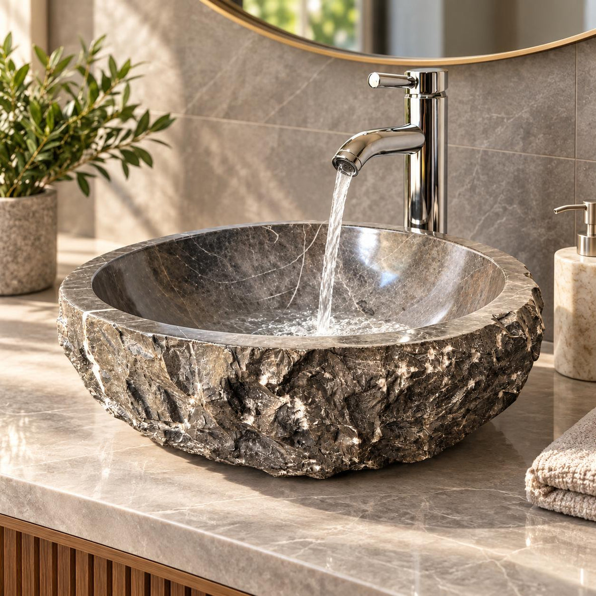 Ovalín Media Esfera Gris 40cm x 12cm | Lavabo de Mármol para Baño