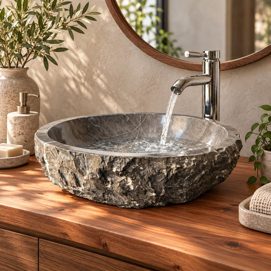 Ovalín Media Esfera Gris 40cm x 12cm | Lavabo de Mármol para Baño