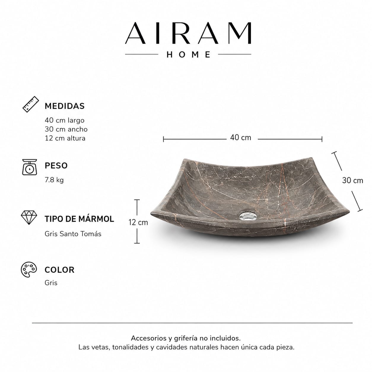 Ovalín Pañuelo Gris Santo Tomás 40 x 30 x 12cm | Lavabo de Mármol para Baño