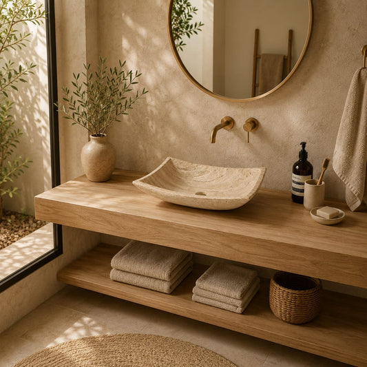 Ovalín Pañuelo Beige Travertino 40 x 30 x 12cm | Lavabo de Mármol para Baño
