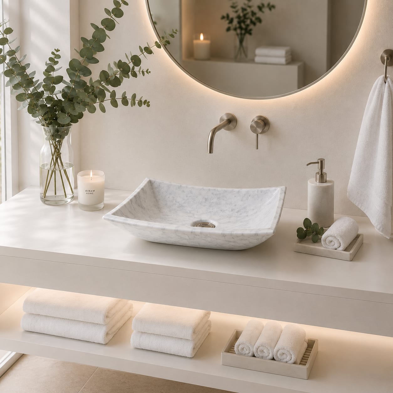 Ovalín Pañuelo Blanco Bego 40 x 30 x 12cm | Lavabo de Mármol para Baño