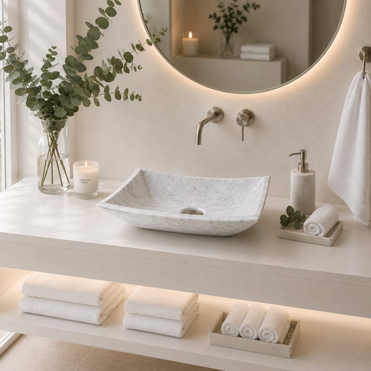 Ovalín Pañuelo Blanco Bego 40 x 30 x 12cm | Lavabo de Mármol para Baño