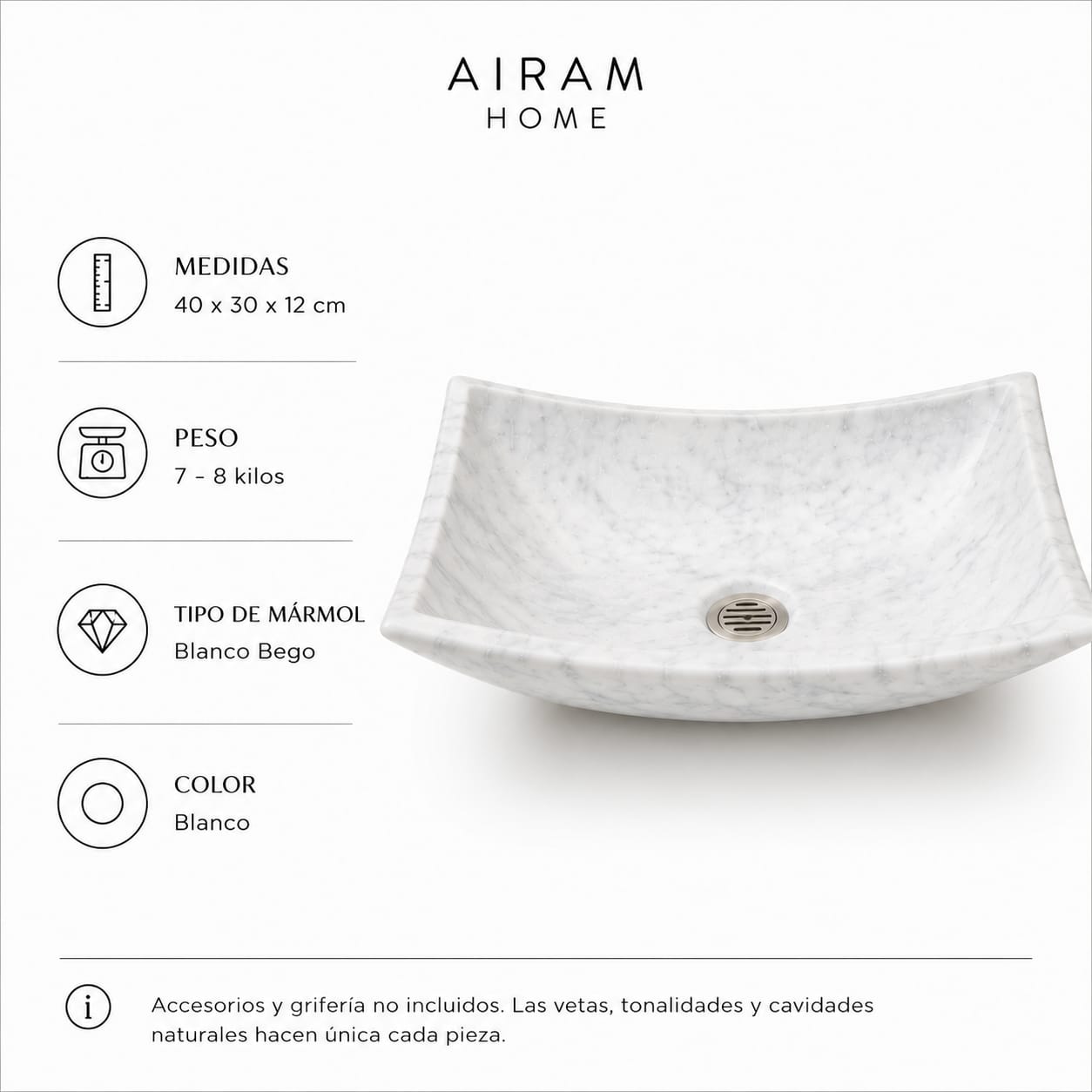 Ovalín Pañuelo Blanco Bego 40 x 30 x 12cm | Lavabo de Mármol para Baño