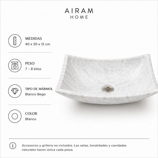Ovalín Pañuelo Blanco Bego 40 x 30 x 12cm | Lavabo de Mármol para Baño