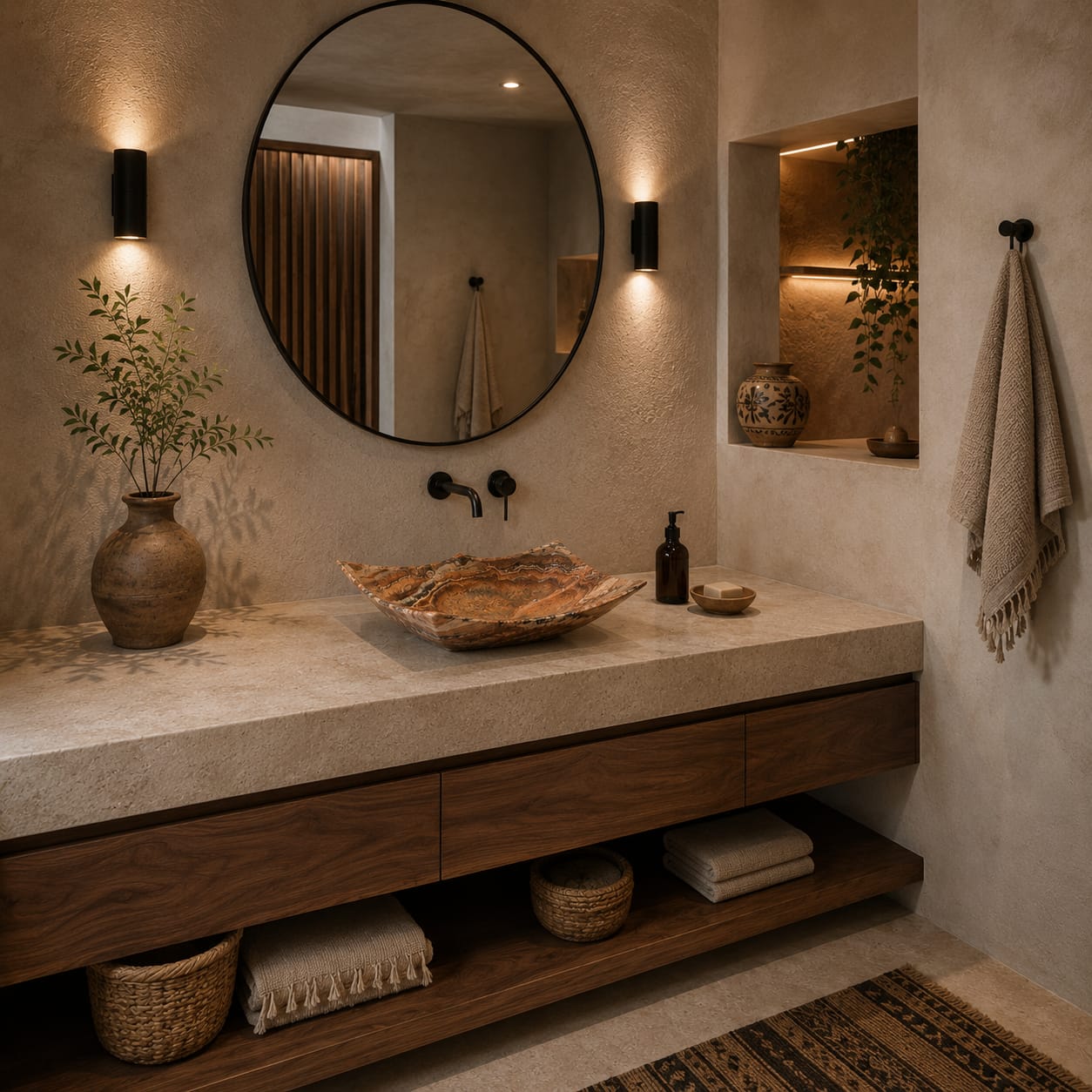 Ovalín Pañuelo Rojo Travertino 40 x 30 x 12cm | Lavabo de Mármol para Baño