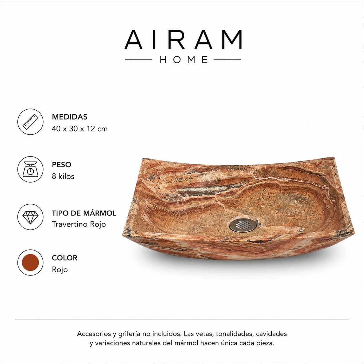 Ovalín Pañuelo Rojo Travertino 40 x 30 x 12cm | Lavabo de Mármol para Baño