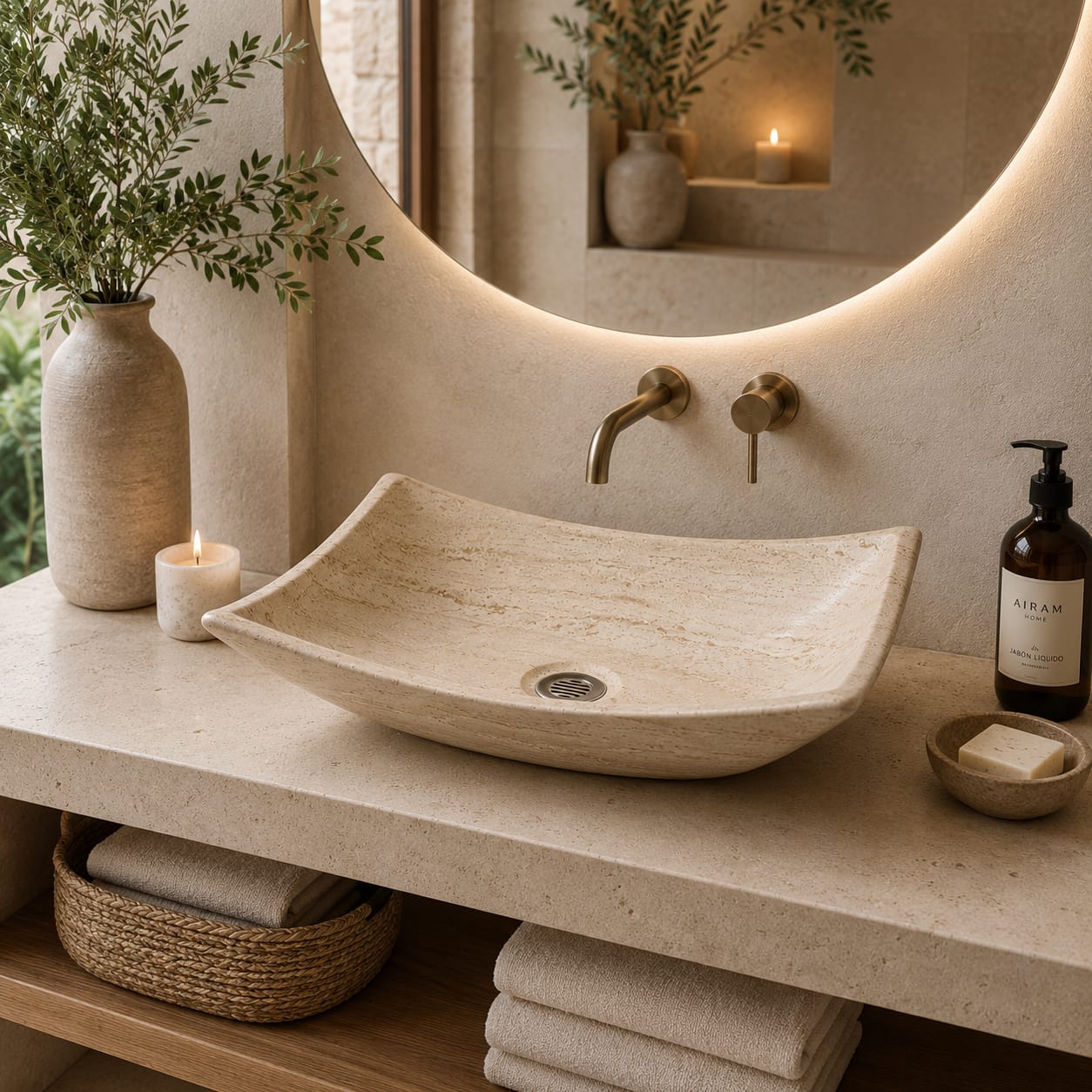 Ovalín Pañuelo Beige Travertino 45 x 35 x 12cm | Lavabo de Mármol para Baño