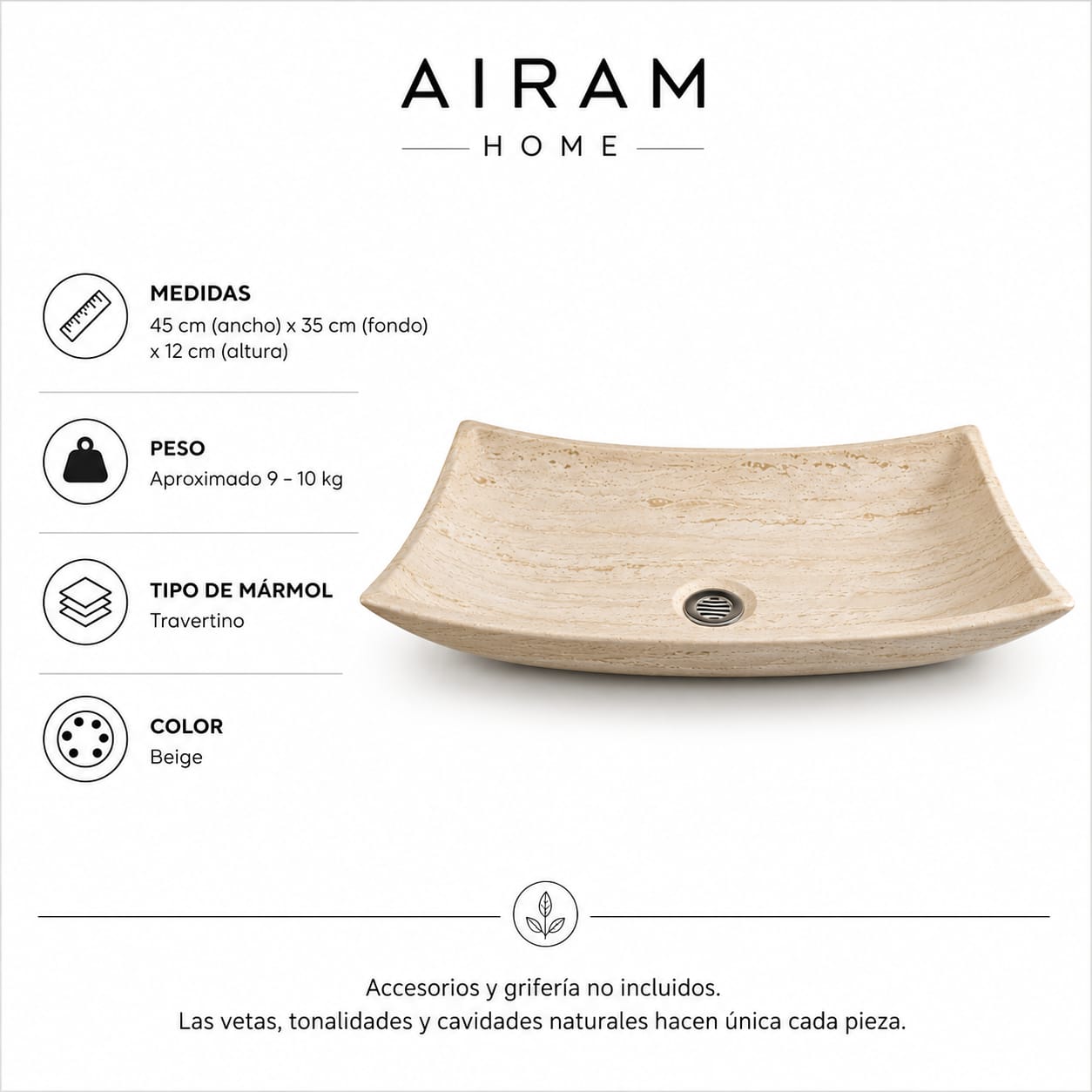 Ovalín Pañuelo Beige Travertino 45 x 35 x 12cm | Lavabo de Mármol para Baño
