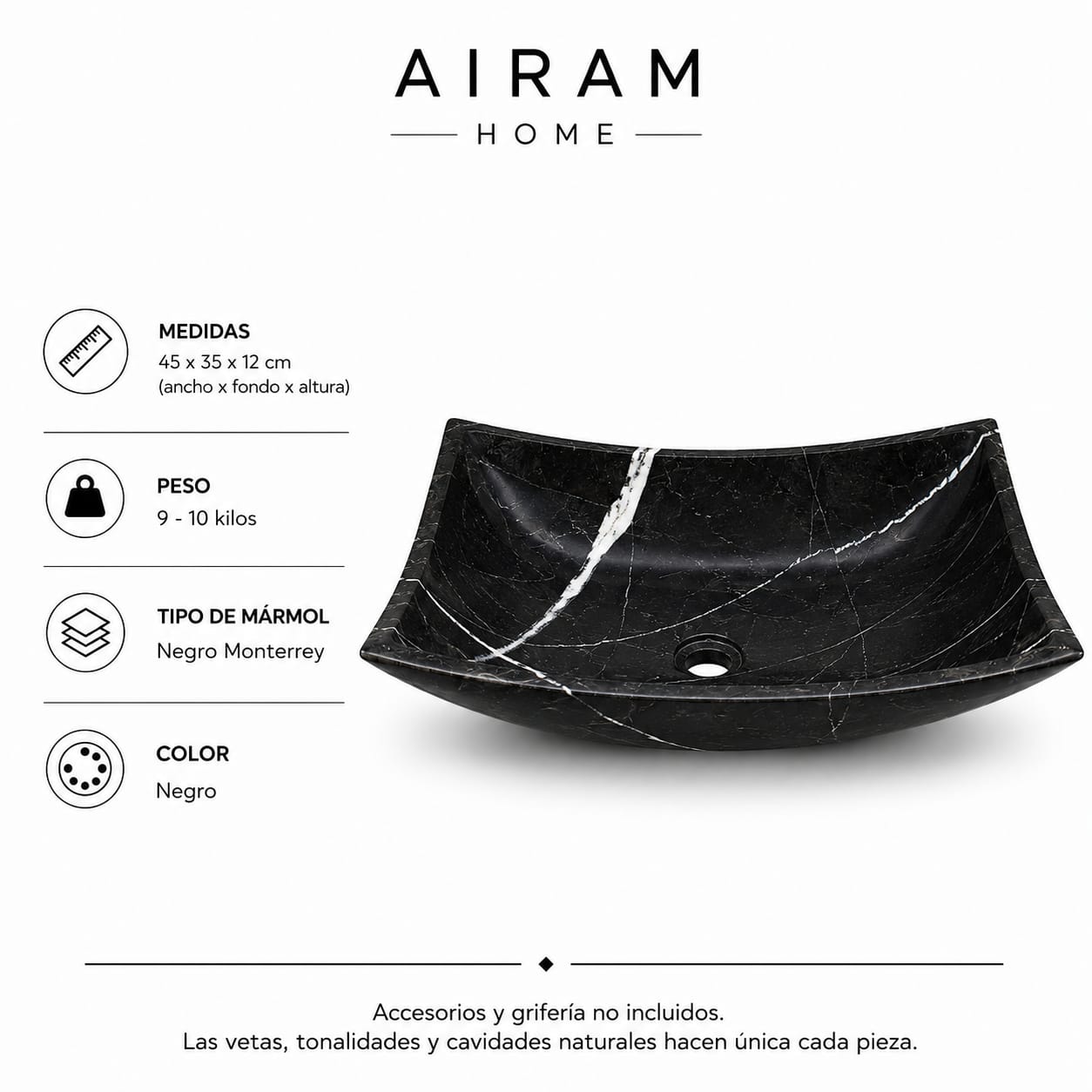 Ovalín Pañuelo Negro Monterrey 45 x 35 x 12cm | Lavabo de Mármol para Baño