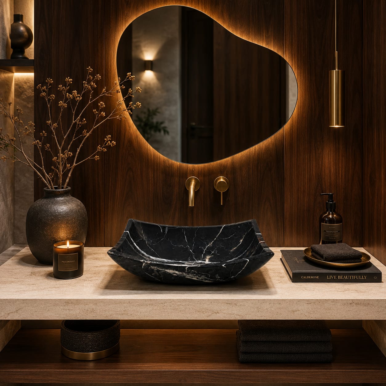 Ovalín Pañuelo Negro Monterrey 45 x 35 x 12cm | Lavabo de Mármol para Baño