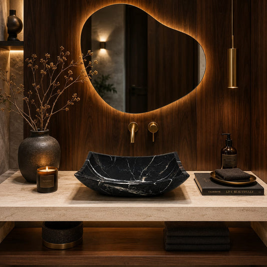 Ovalín Pañuelo Negro Monterrey 45 x 35 x 12cm | Lavabo de Mármol para Baño